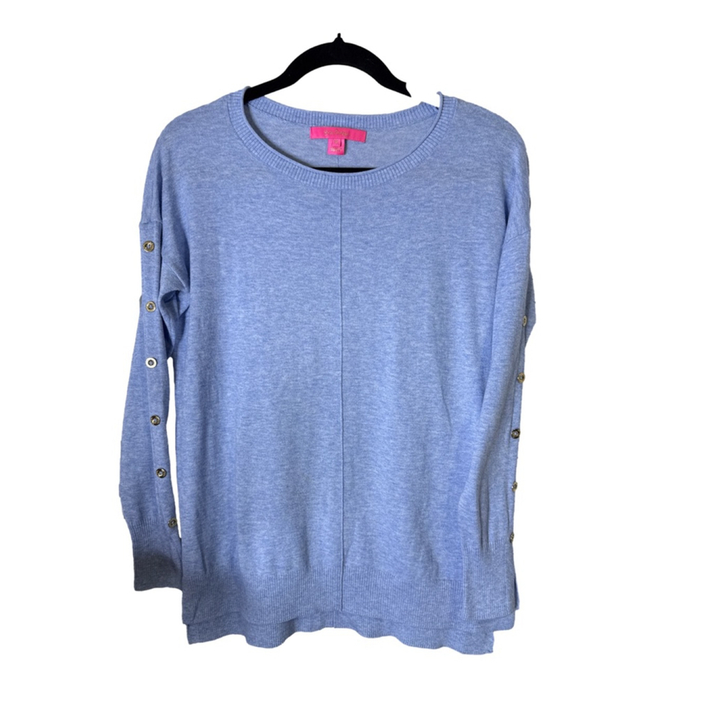 Lilly Pulitzer Light Blue Crew Neck Sweater Gold Button Sleeves Size XS